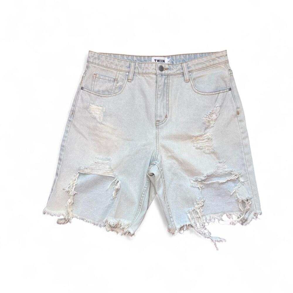 NEW TWIIN 90s Grunge Faded Blue Distressed Boyfriend Cut-Off Denim Shorts — L